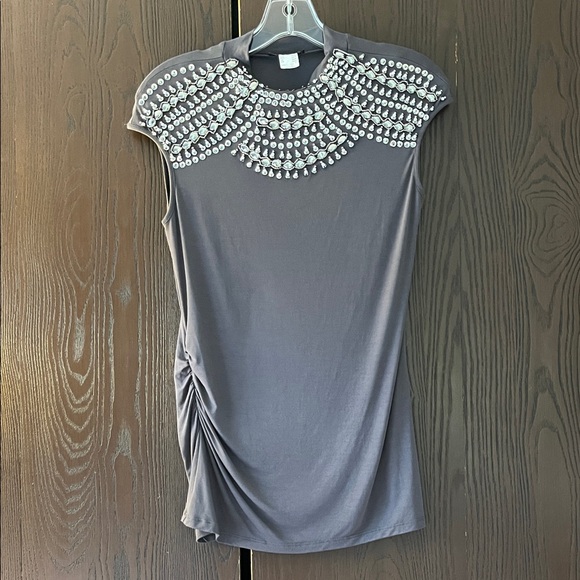VENUS Tops - Venus sleeveless dark gray top embellished with silver beading in a scallop. S
